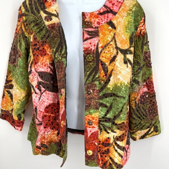Chico's Collarless Blazer Jacket Beaded Leafy Sequin Floral Tropical Rain Forest - Picture 6 of 9